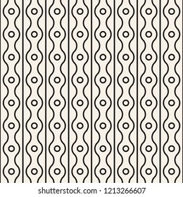 Vector seamless pattern of rings, vertical straight and wavy lines. Simple modern abstract background. Abstract monochrome geometric texture. Stylish design for prints, fabrics, covers, bed linen.