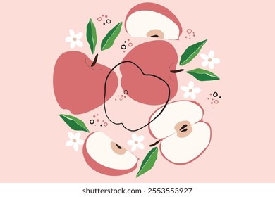 Vector seamless pattern with ripe apple line art.  Seamless decorative background with red apples. Bright summer design