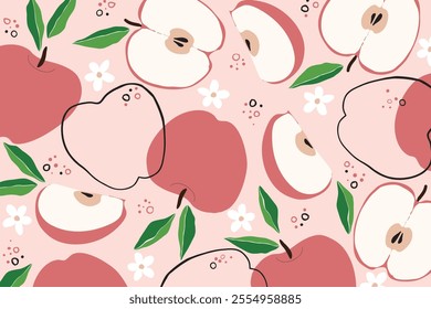 Vector seamless pattern with ripe apple line art.  Seamless decorative background with red apples. Bright summer design