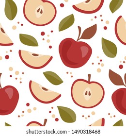 Vector seamless pattern with ripe apples, leaves and decorative dots. Endless background with fresh fruits. Autumn red, brown, green colors. Wrapping paper, print, backdrop design. 