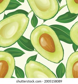 Vector seamless pattern. Ripe avocado halves with seed in a realistic style on a background of green leaves. Healthy food illustration with fresh vegetables.