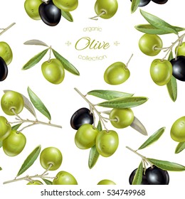 Vector seamless pattern with ripe black and green olives on white. Background design for olive oil, natural cosmetics. Best for wrapping paper.