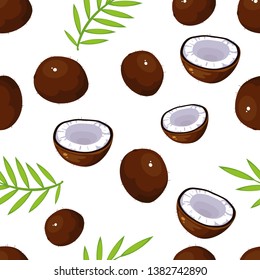 vector seamless pattern of ripe coconuts and leaves