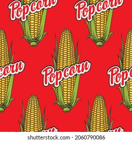 Vector seamless pattern with ripe corn cobs and inscriptions Popcorn on a red background in cartoon style. Suitable for branded wrapping paper and packaging