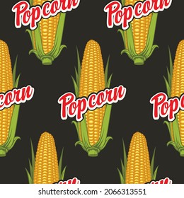 Vector seamless pattern with ripe corn cobs and inscriptions Popcorn on a striped white and red background. Suitable for branded wrapping paper and packaging