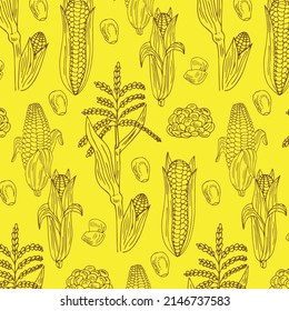 Vector seamless pattern with ripe corn cobs. Beautiful exotic collection for your design in minimal style. Perfect for fabric, textile, wrapping paper and other decoration design.