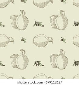 Vector seamless pattern with ripe green olives and jug of oil on beige. Background design for olive oil, natural cosmetics. Best for wrapping paper. Seamless with pitcher, bottle of olive oil.