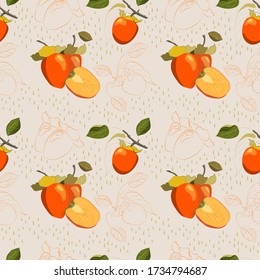 Vector seamless pattern of ripe juicy persimmon and leaves. Perfect for wallpaper, wrapping paper, textile, package design