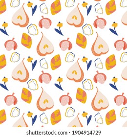 Vector seamless pattern with ripe pears, lychees and flowers. Trendy hand drawn textures. Modern abstract design for paper, cover, fabric, interior decor and other users.