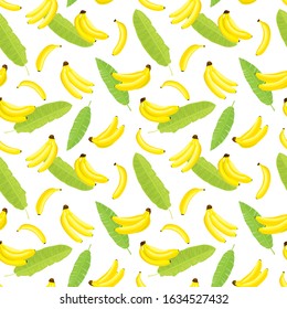 Vector seamless pattern of ripe, realistic, fresh banana fruits with leaves, in color, isolated, on white background. 