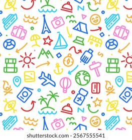 Vector Seamless pattern. Road Adventure. Line icons about travelling, tourism, hiking, summertime, vacation, camping, landmarks, outdoor recreation, transportation. Around the world. Time to travel.