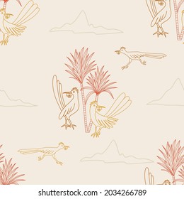 Vector Seamless Pattern With Roadrunners, Mountains And Palm Trees.This Desert Pattern Is Perfect For Luxury Items And Would Look Great On Fabrics.