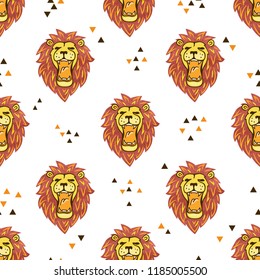 Vector seamless pattern with roaring lions and triangles.