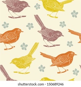 vector seamless pattern with robin birds and flowers