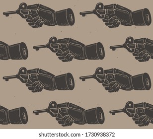 Vector seamless pattern. Robot arm with a winding key to turn on the next robot arm. Concept vintage image. Idea of endless repetition