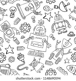 Vector seamless pattern with robots on white background. Pattern on the theme of technology
