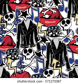 Vector seamless pattern. Rock n roll accessories, music, drums, guitars, skulls, lips, stars, jackets