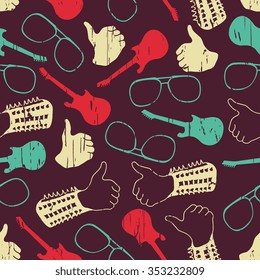 Vector seamless pattern with rock party symbols. Grunge effect is on a separate layer
