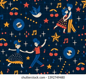 Vector seamless pattern with rockabilly dancers, vinyl records, swallows, stars and cherry. Retro repeated texture with dancing couples. 