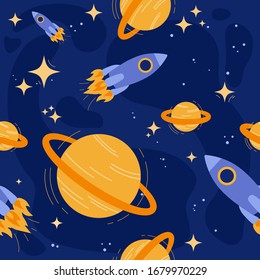 Vector seamless pattern with rockets, orange planets and stars on a dark blue background. Postcard to the day of astronautics. Flat minimalistic picture. Exploration of the cosmic space.