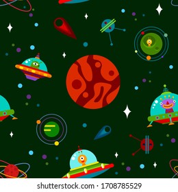 Vector Seamless Pattern with Rockets, Planets, Stars, Comets and 

UFO. Vector Illustration.