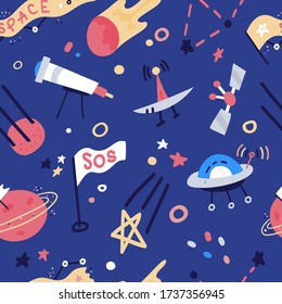 Vector Seamless Pattern With rockets, satellite, UFO, stars. Cartoon flat style cosmos kids background