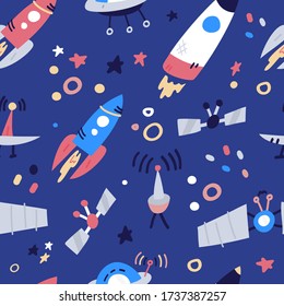 Vector Seamless Pattern With rockets, satellite, UFO, stars. Cartoon flat style cosmos kids background