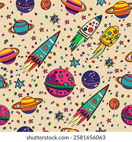 Vector seamless pattern with rockets, satellites, planets, stars. Hand drawn, abstract. Space exploration. Astronomy. Science background