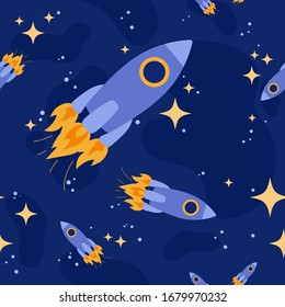 Vector seamless pattern with rockets and stars on a dark blue background. Postcard to the Cosmonautics Day. Flat minimalistic picture. Exploration of the cosmic space.