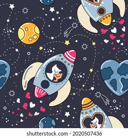 Vector seamless pattern with rockets, stars, planets, cats and hearts. Cats in love in space fly on a rocket. Space background for children. Great for packaging, wallpaper, fabrics, textiles