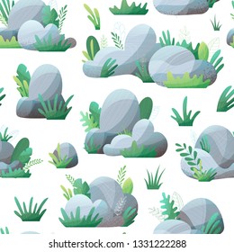 Vector seamless pattern of rocks. Grey stones with grass and leaves on white. Nature boundless background. Flat illustration with modern grain texture, lights and shadows.