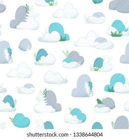 Vector seamless pattern of rocks. Various stones with grass and leaves on white. Nature boundless background. Flat illustration with linear elements.