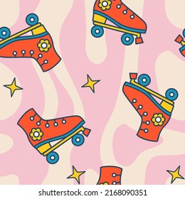 Vector seamless pattern with roller skates and stars.  Groovy pattern with retro roller skates. Psychedelic pattern. Background for wrapping and clothing.