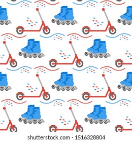 Vector seamless pattern with rollers, kick scooter. Athletic, healthy lifestyle for every person. Family vacation. Sports background. Design for packaging paper, fabric, print.