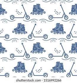 Vector seamless pattern with rollers, kick scooter. Athletic, healthy lifestyle for every person. Family vacation. Sports background. Design for packaging paper, fabric, print.