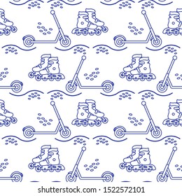 Vector seamless pattern with rollers, kick scooter. Athletic, healthy lifestyle for every person. Family vacation. Sports background. Design for packaging paper, fabric, print.