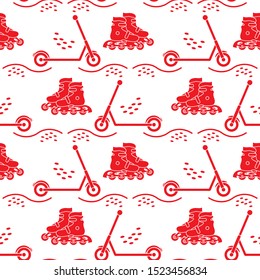 Vector seamless pattern with rollers, kick scooter. Athletic, healthy lifestyle for every person. Family vacation. Sports background. Design for packaging paper, fabric, print.