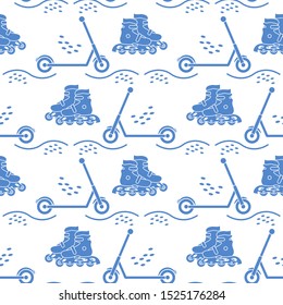 Vector seamless pattern with rollers, kick scooter. Athletic, healthy lifestyle for every person. Family vacation. Sports background. Design for packaging paper, fabric, print.