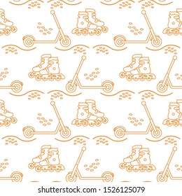 Vector seamless pattern with rollers, kick scooter. Athletic, healthy lifestyle for every person. Family vacation. Sports background. Design for packaging paper, fabric, print.