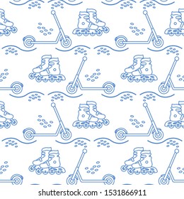 Vector seamless pattern with rollers, kick scooter. Athletic, healthy lifestyle for every person. Family vacation. Sports background. Design for packaging paper, fabric, print.