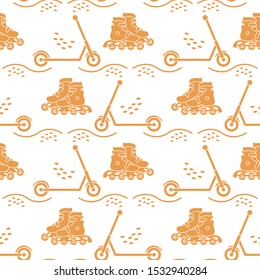 Vector seamless pattern with rollers, kick scooter. Athletic, healthy lifestyle for every person. Family vacation. Sports background. Design for packaging paper, fabric, print.