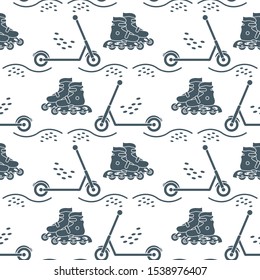 Vector seamless pattern with rollers, kick scooter. Athletic, healthy lifestyle for every person. Family vacation. Sports background. Design for packaging paper, fabric, print.