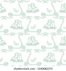 Vector seamless pattern with rollers, kick scooter. Athletic, healthy lifestyle for every person. Family vacation. Sports background. Design for packaging paper, fabric, print.