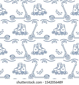 Vector seamless pattern with rollers, kick scooter. Athletic, healthy lifestyle for every person. Family vacation. Sports background. Design for packaging paper, fabric, print.