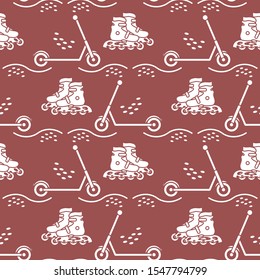 Vector seamless pattern with rollers, kick scooter. Athletic, healthy lifestyle for every person. Family vacation. Sports background. Design for packaging paper, fabric, print.