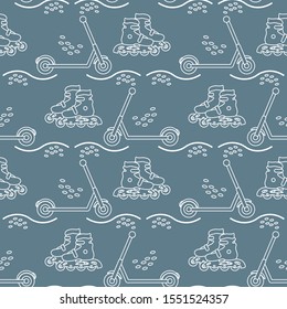 Vector seamless pattern with rollers, kick scooter. Athletic, healthy lifestyle for every person. Family vacation. Sports background. Design for packaging paper, fabric, print.