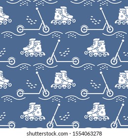Vector seamless pattern with rollers, kick scooter. Athletic, healthy lifestyle for every person. Family vacation. Sports background. Design for packaging paper, fabric, print.