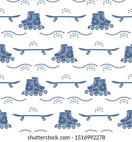 Vector seamless pattern with rollers, skateboard. Athletic, healthy lifestyle for every person. Family vacation. Sports background. Design for packaging paper, fabric, print.