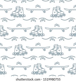 Vector seamless pattern with rollers, skateboard. Athletic, healthy lifestyle for every person. Family vacation. Sports background. Design for packaging paper, fabric, print.