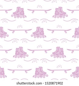 Vector seamless pattern with rollers, skateboard. Athletic, healthy lifestyle for every person. Family vacation. Sports background. Design for packaging paper, fabric, print.